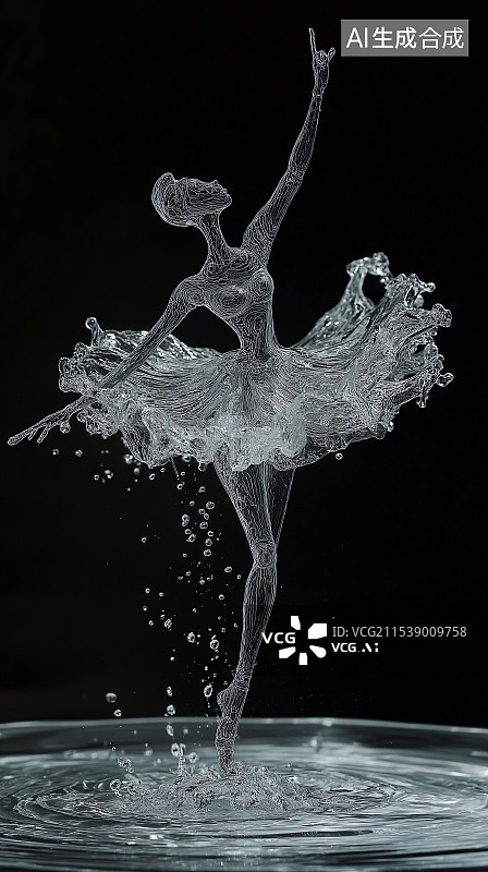 【AI数字艺术】水构成的芭蕾舞者，灵动优雅，水形幻彩如流体艺术结晶，充满创意与梦幻美感，在舞台上展现独特表演。图片素材