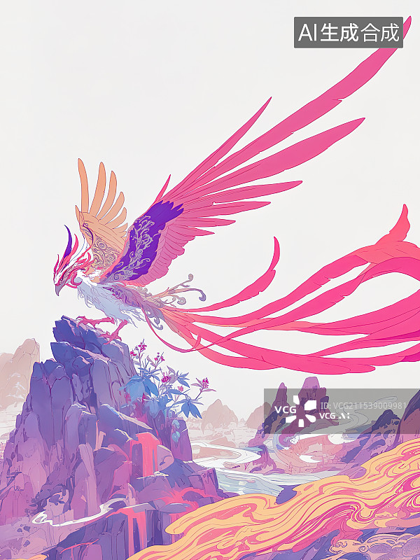 【AI数字艺术】山海经中的上古五彩神鸟，玄鸟 凤凰 朱雀 精卫 苍鸾，神话故事插图图片素材