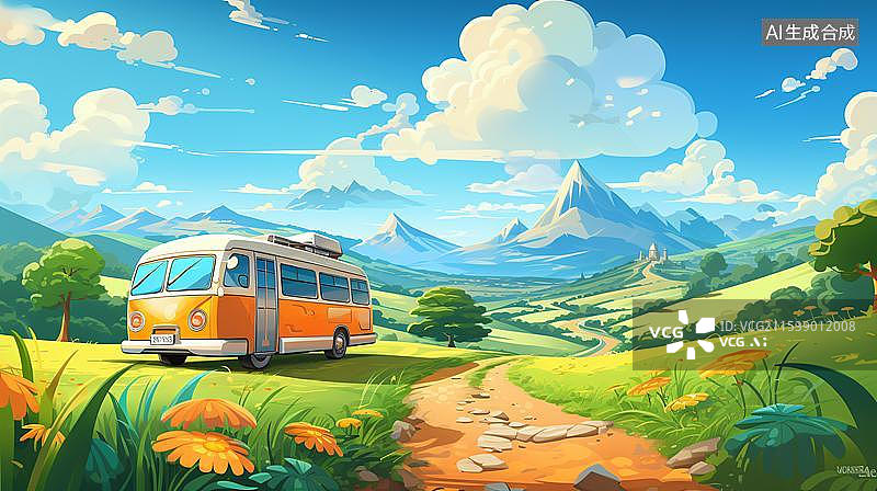 【AI数字艺术】夏日旅行小巴士 郊游的大巴行驶在乡间小路上图片素材