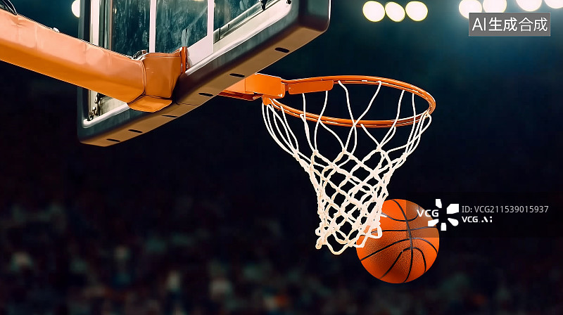 【AI数字艺术】篮球运动员在激烈比赛中投篮得分的动态场景，展现运动能力、活力与竞争，置身于充满活力的体育场氛围中。图片素材