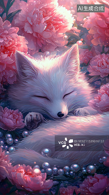 【AI数字艺术】冰雪白狐与粉牡丹图片素材