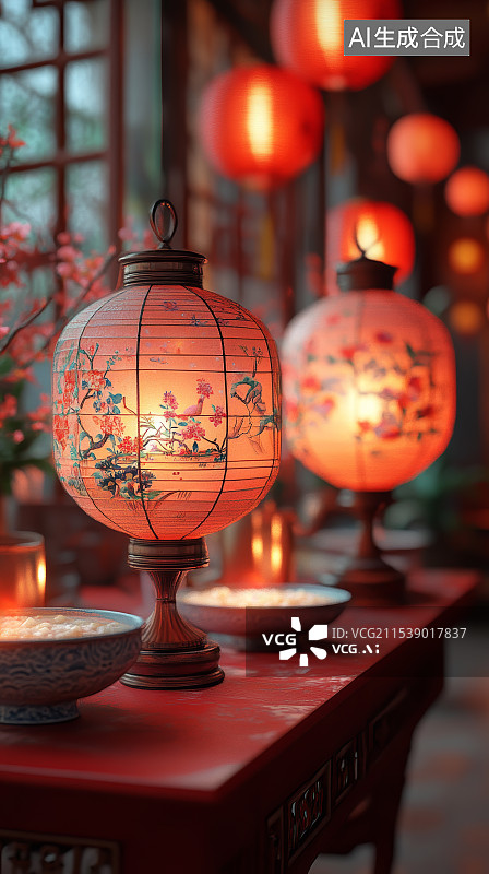 【AI数字艺术】花鸟图案的传统灯笼图片素材