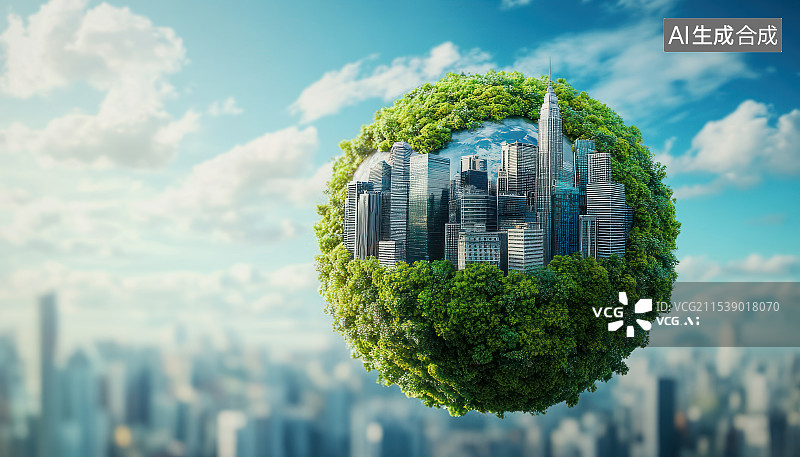 【AI数字艺术】绿色地球与城市建筑构成的低碳环保概念插图图片素材