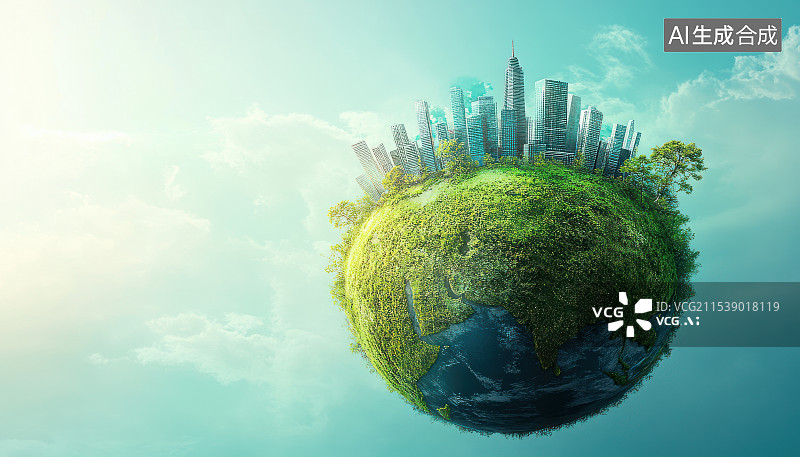 【AI数字艺术】绿色地球与城市建筑构成的低碳环保概念插图图片素材