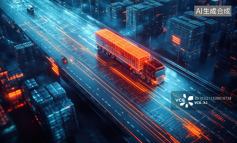 【AI数字艺术】科技感粒子光线货车物流运输概念场景图片素材