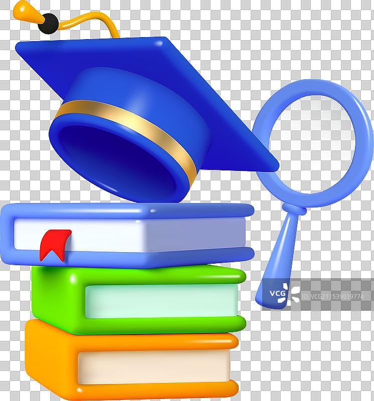 3D书籍与毕业帽和放大镜图片素材