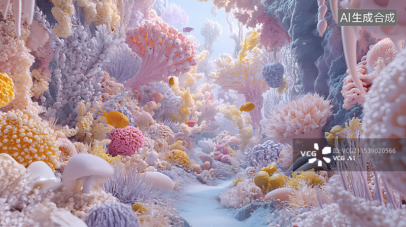 【AI数字艺术】数码科技海底世界植物和生物插画海报背景图片素材