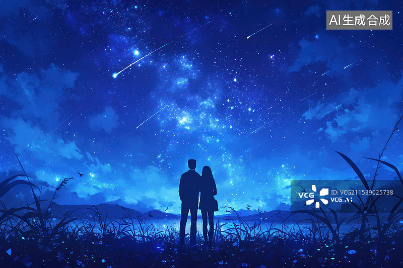 【AI数字艺术】一对情侣站在有流星的星空下的浪漫插画图片素材