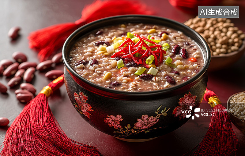 【AI数字艺术】一碗传统的中国粥，碗中盛满了红豆和小米，粥的表面点缀着丰富的红豆和小米粒，显得非常诱人。图片素材