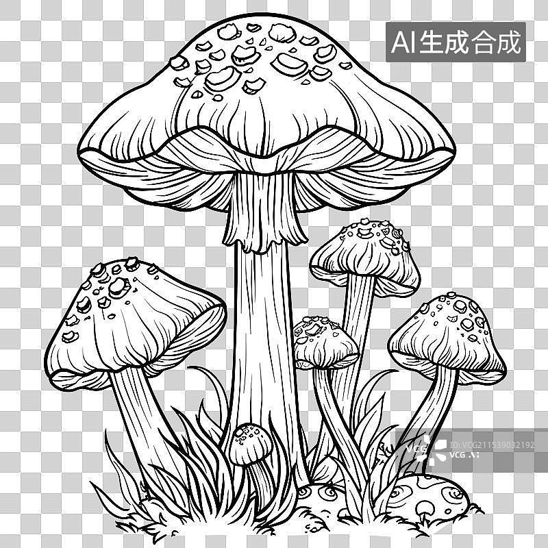 【AI数字艺术】蘑菇菌类线条画 儿童着色画图片素材