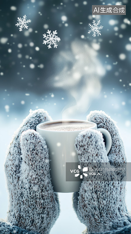 【AI数字艺术】大雪中一双手握着一杯热咖啡图片素材