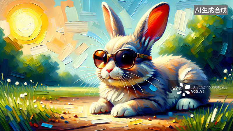 【AI数字艺术】草地上戴着墨镜的兔子油画壁纸插画图片素材