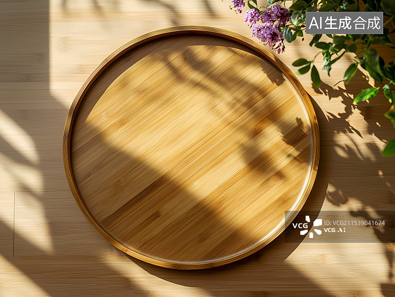 【AI数字艺术】阳光下鲜花旁的圆形竹盘图片素材