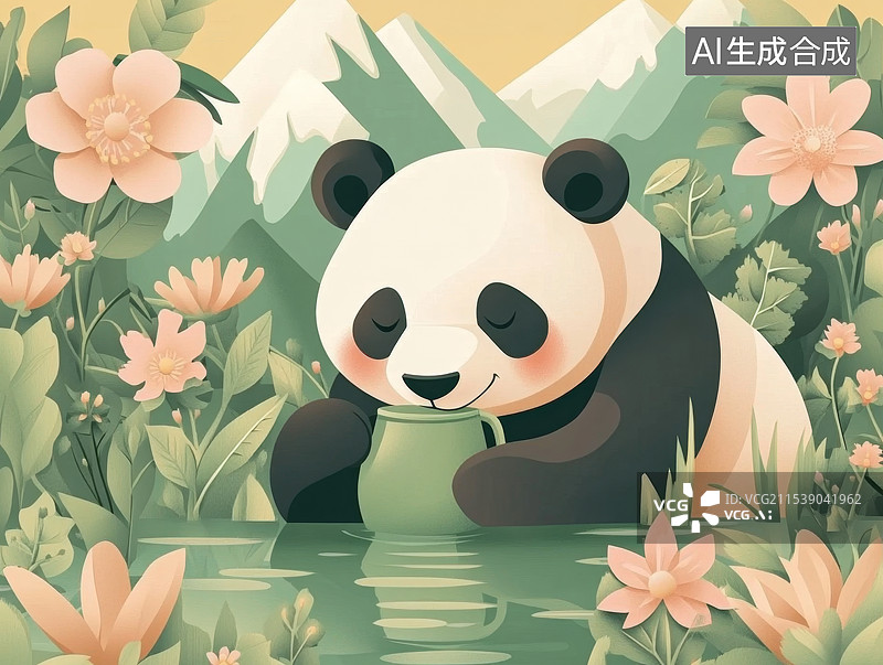 【AI数字艺术】可爱的熊猫在花丛中图片素材