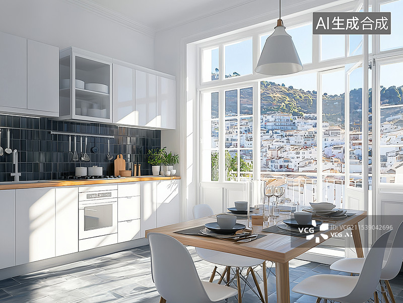 【AI数字艺术】现代化豪华厨房与城市景观图片素材