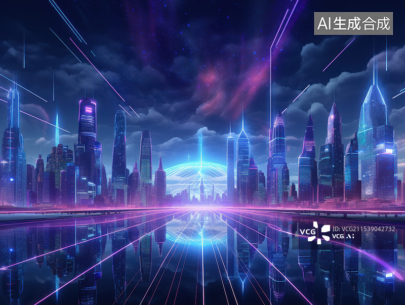 【AI数字艺术】未来都市光影，赛博朋克夜景图片素材