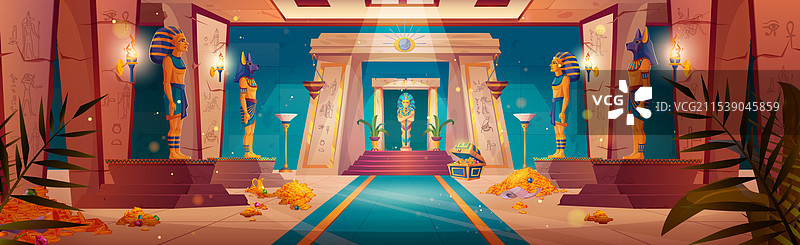 埃及法老的墓穴，内有石棺和财富图片素材