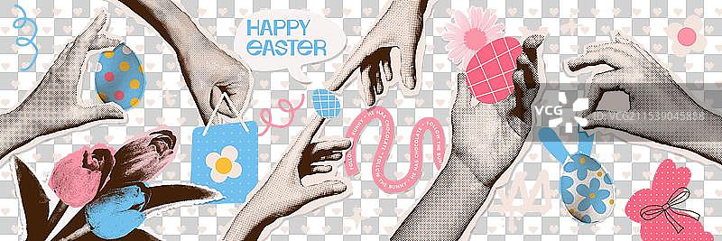 复古波普风格的半色调拼贴图，展示了性感女郎的手部细节图片素材