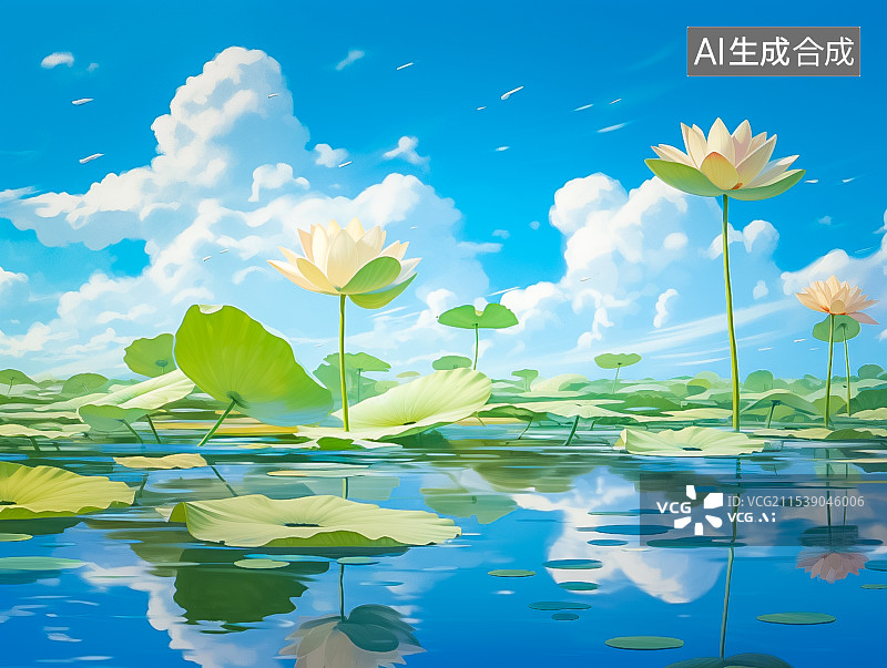 【AI数字艺术】夏日阳光下荷塘里荷花荷叶睡莲自然风景图片素材