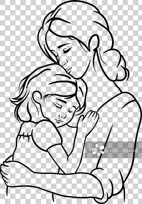 年轻母亲与女儿的线条画图片素材