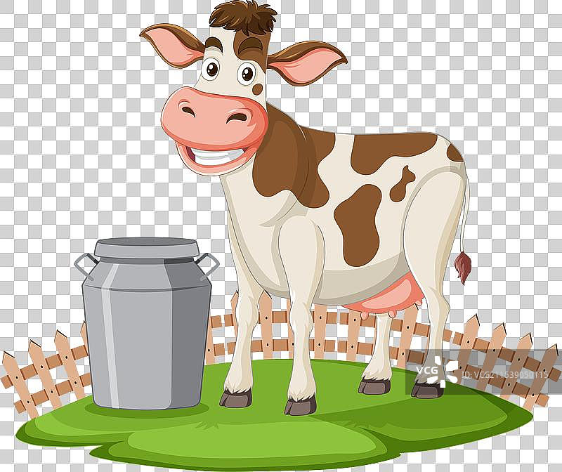 卡通牛站在牛奶桶旁边图片素材