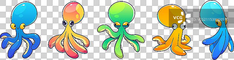 一组孤立在背景上的章鱼角色图片素材