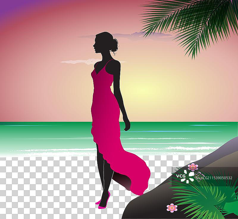 美丽的女孩与傍晚的海洋图片素材