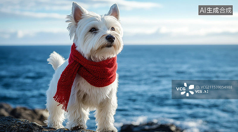 【AI数字艺术】一只可爱的白色小狗，它站在海边的岩石上，背景是广阔的蓝色海洋和晴朗的天空。小狗戴着一条鲜艳的红色围巾图片素材