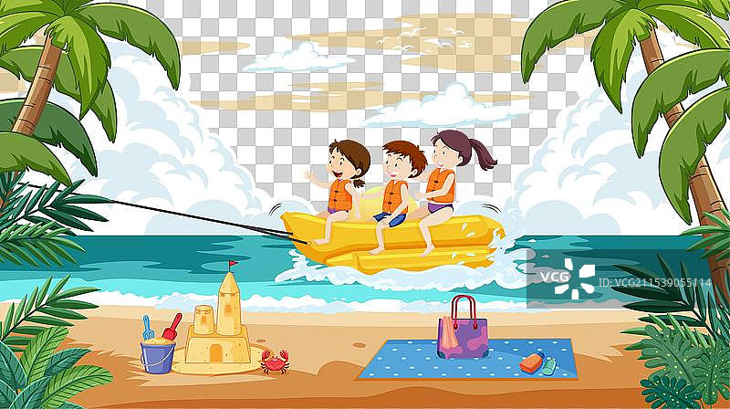 孩子们在热带海滩上乘坐香蕉船图片素材