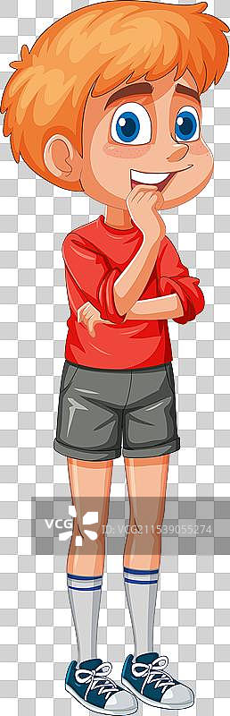 卡通男孩站着思考，手托着下巴图片素材