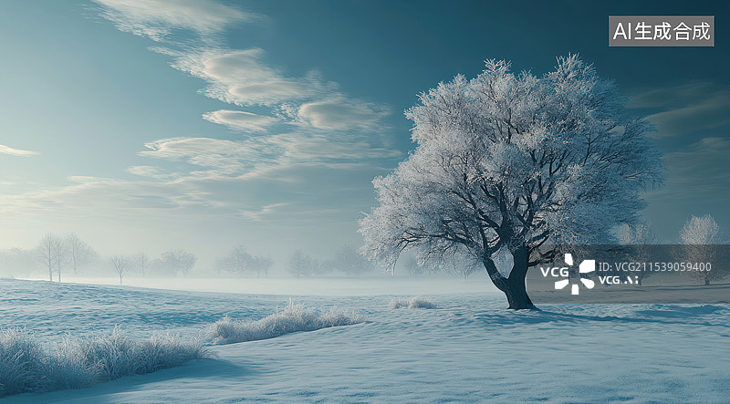 【AI数字艺术】背景是空旷天空的冬季大雪和树图片素材