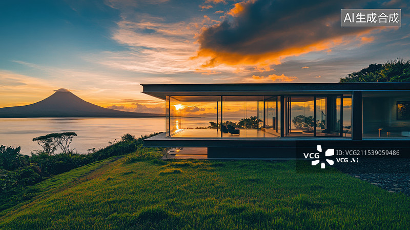 【AI数字艺术】黄昏时刻湖边酒店建筑图片素材