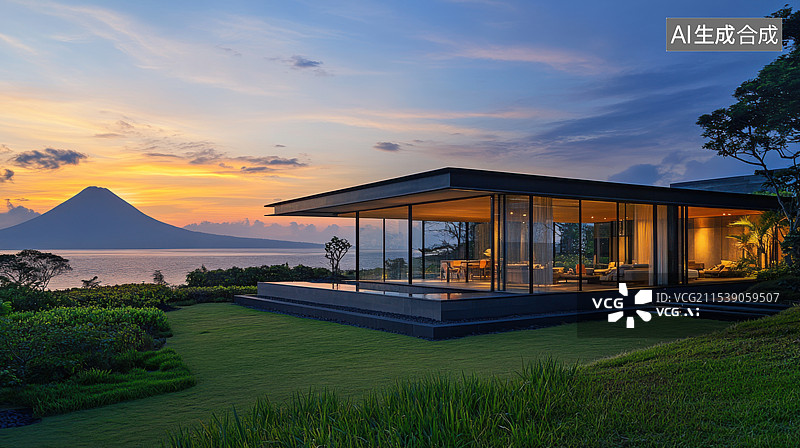 【AI数字艺术】黄昏时刻湖边酒店建筑图片素材