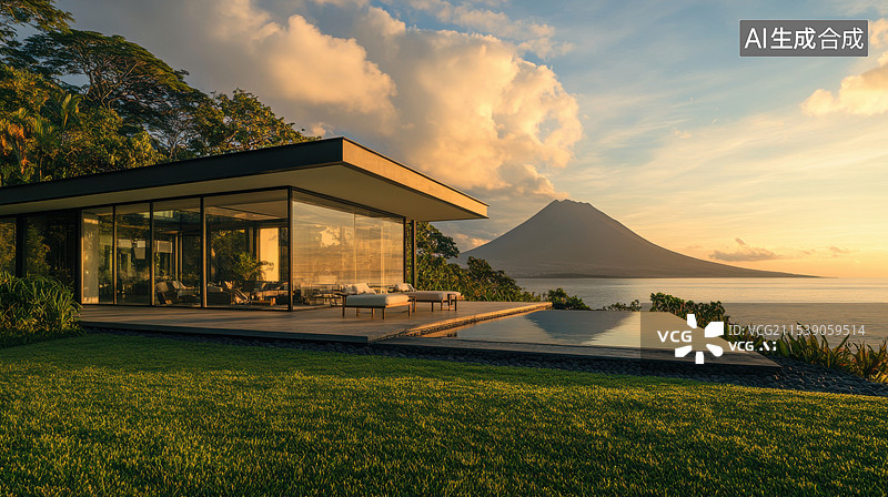 【AI数字艺术】黄昏时刻湖边酒店建筑图片素材