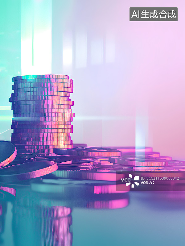 【AI数字艺术】桌子上堆叠起来两摞和摊开零散的金色硬币 彩色灯光特写镜头 金融理财投资股票保险银行商务概念配图图片素材