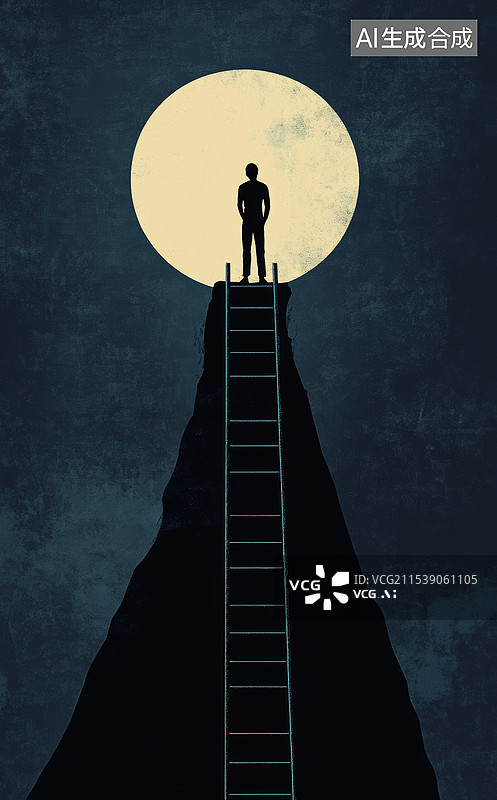 【AI数字艺术】一个站在梯子顶端的人，梯子通向夜空中的一轮明月。整个画面充满了神秘和梦幻的氛围图片素材