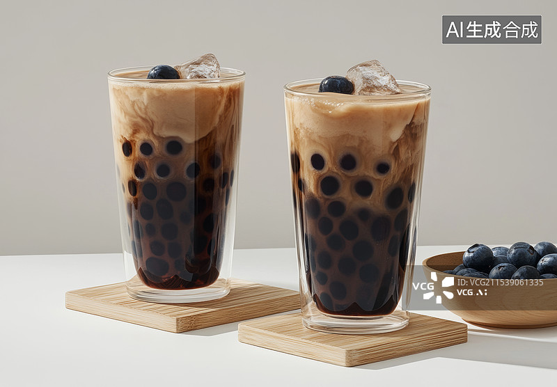 【AI数字艺术】一杯热腾腾的奶茶，放置在一个透明的玻璃杯中。背景中可以看到一个传统的金属茶壶，旁边还有一些柠檬和香料图片素材