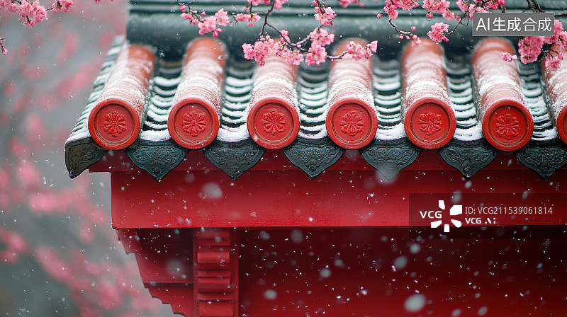 【AI数字艺术】中国传统古建筑红墙屋檐下雪雪景飘落图片素材