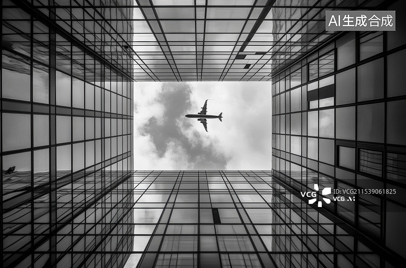 【AI数字艺术】飞机飞越城市建筑金融区的低角度视图图片素材