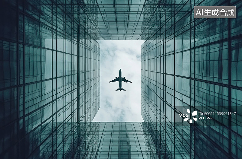 【AI数字艺术】飞机飞越城市建筑金融区的低角度视图图片素材
