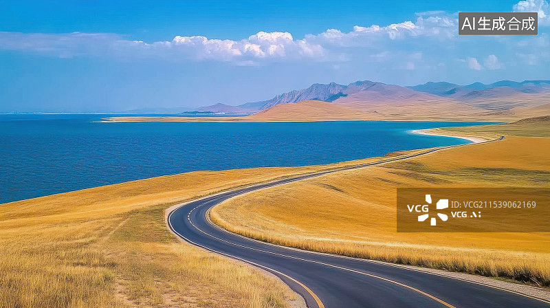 【AI数字艺术】秋天高原雪山湖泊公路自然风景图片素材