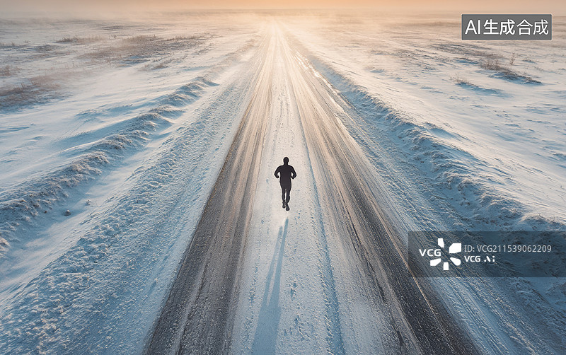 【AI数字艺术】一位孤独的行者在雪地中的道路上行走，背景是壮丽的日落。天空呈现出温暖的橙色和黄色，图片素材