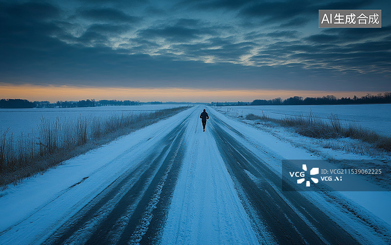 【AI数字艺术】一位孤独的行者在雪地中的道路上行走，背景是壮丽的日落。天空呈现出温暖的橙色和黄色，图片素材