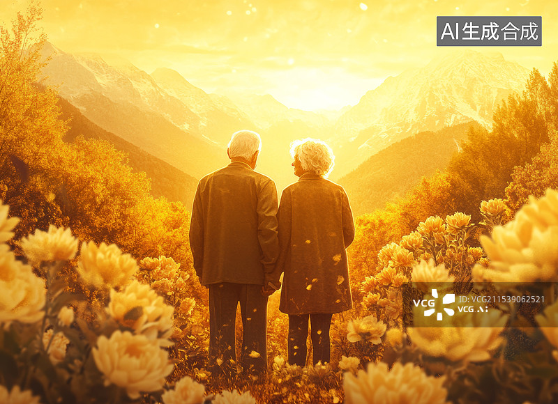 【AI数字艺术】一幅温馨的画面，一对老年夫妇手牵手站在山间小径上，背景是连绵起伏的山脉和秋色斑斓的植物。图片素材