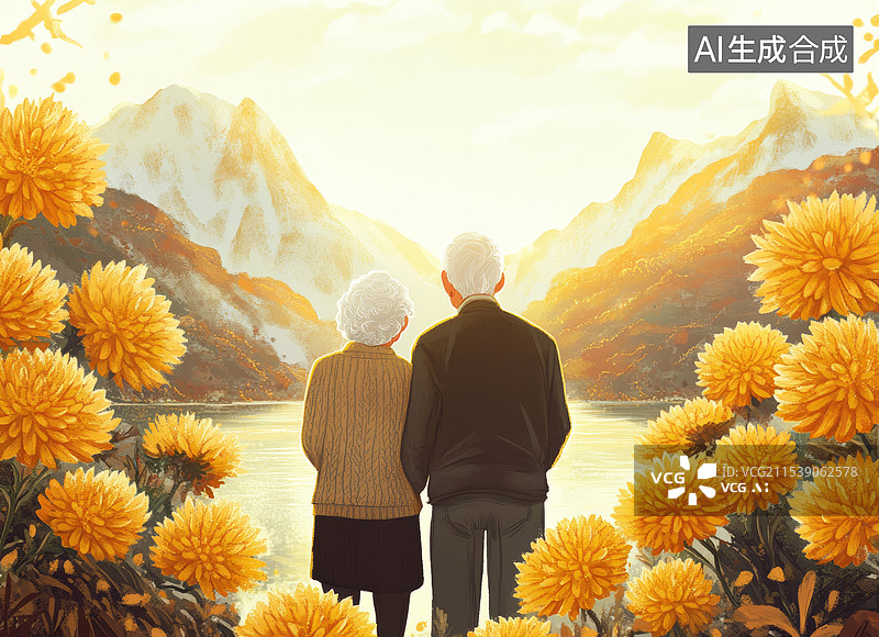 【AI数字艺术】一幅温馨的画面，一对老年夫妇手牵手站在山间小径上，背景是连绵起伏的山脉和秋色斑斓的植物。图片素材