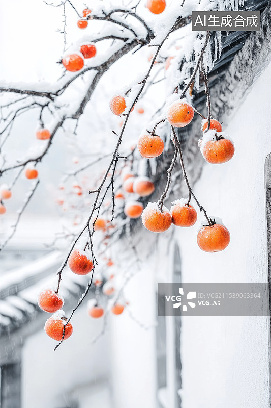 【AI数字艺术】一棵挂满橙色果实的树，树枝上覆盖着一层厚厚的白雪。背景是纯净的白色，与橙色的果实形成了鲜明的对比图片素材