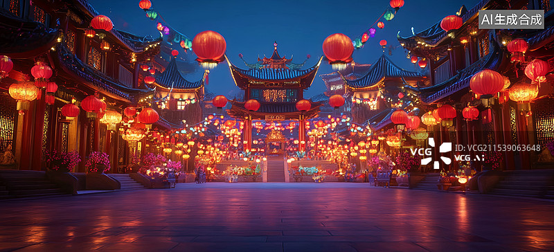 【AI数字艺术】一条装饰着红色灯笼的街道，营造出浓厚的传统节日氛围。街道两旁挂满了红灯笼，灯光温暖而明亮，图片素材