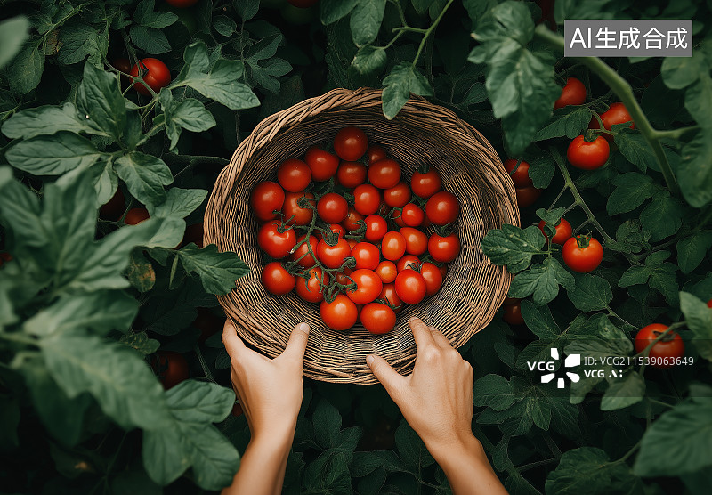 【AI数字艺术】农民在番茄田里采摘番茄 箩筐里放着采摘下来的番茄图片素材