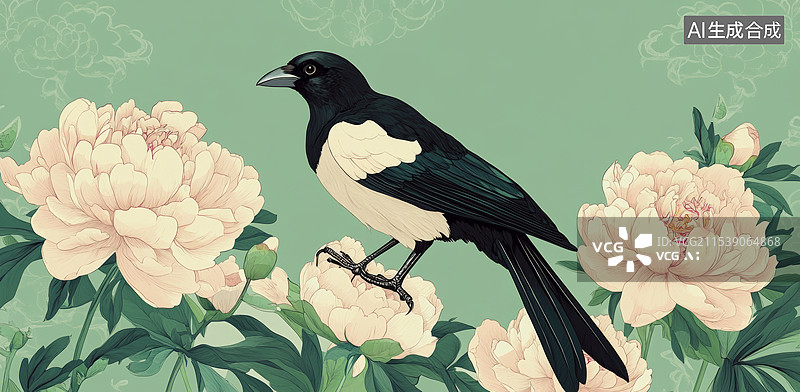 【AI数字艺术】一只喜鹊，它站在一根树枝上，周围是盛开的白色牡丹花。背景是淡雅的绿色，带有细腻的花纹图片素材