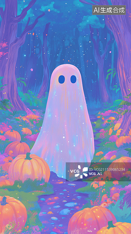 【AI数字艺术】90年代复古动漫艺术风格万圣节可爱幽灵插图图片素材